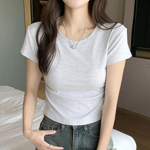 H239圆领短袖T恤女夏季外穿修身显瘦打皱设计辣妹打底衫上衣 商品图1