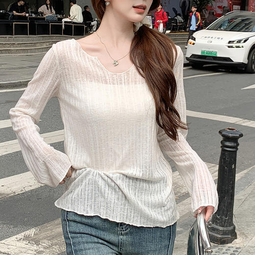 H181亚麻木耳边V领防晒罩衫女外套夏薄款纯欲宽松微透长袖T恤上衣 商品图0