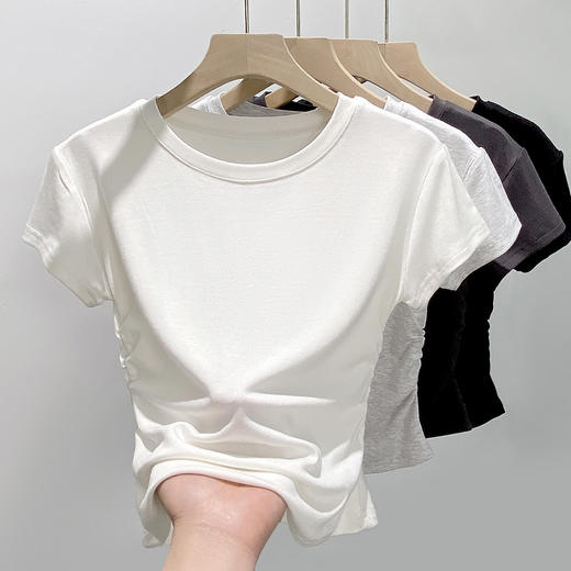 H239圆领短袖T恤女夏季外穿修身显瘦打皱设计辣妹打底衫上衣 商品图2