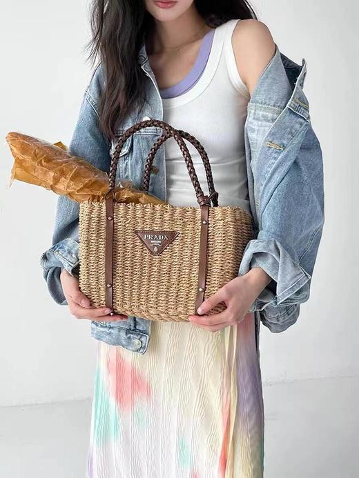 BT038-普拉达光滑牛皮和稻草 手提包 男女同款情侣款 米色（ BT*RG）7.22直播款 商品图1