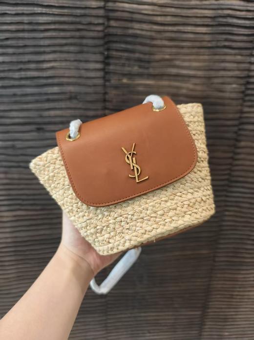 BT190-圣罗兰  拉菲草拼小牛皮 斜挎单肩包 女款 自然色拼砖红色（BT*MM）7.22直播款 商品图0