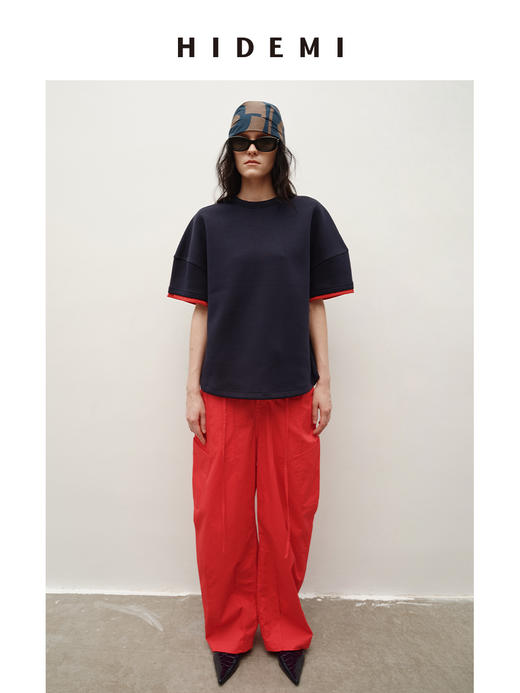HIDEMI 极简进口棉空气层纱线廓形袖撞色拼接藏蓝色圆领短袖卫衣t恤上衣 商品图5