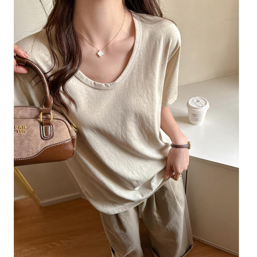 慵懒风高级感V领宽松正肩短袖t恤女式春夏季雪花棉韩系上衣打底衫 商品图0