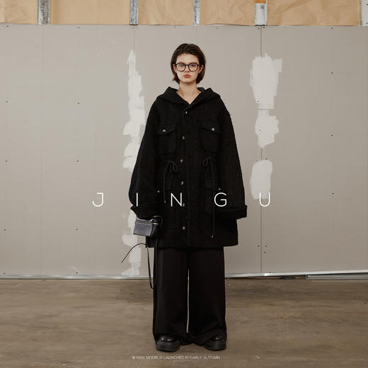 黑标毛呢抽绳戴帽中长款大衣女毛呢外套复古连帽JG11230298 商品图1