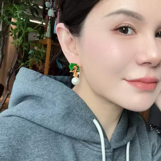 龢盒原创 18k金镶老翡翠花耳环（珍珠可拆二用） 商品图2
