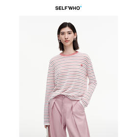 SELFWHO笑脸衣橱醋酸棉混纺撞色条纹长袖t恤女2025秋新款宽松上衣