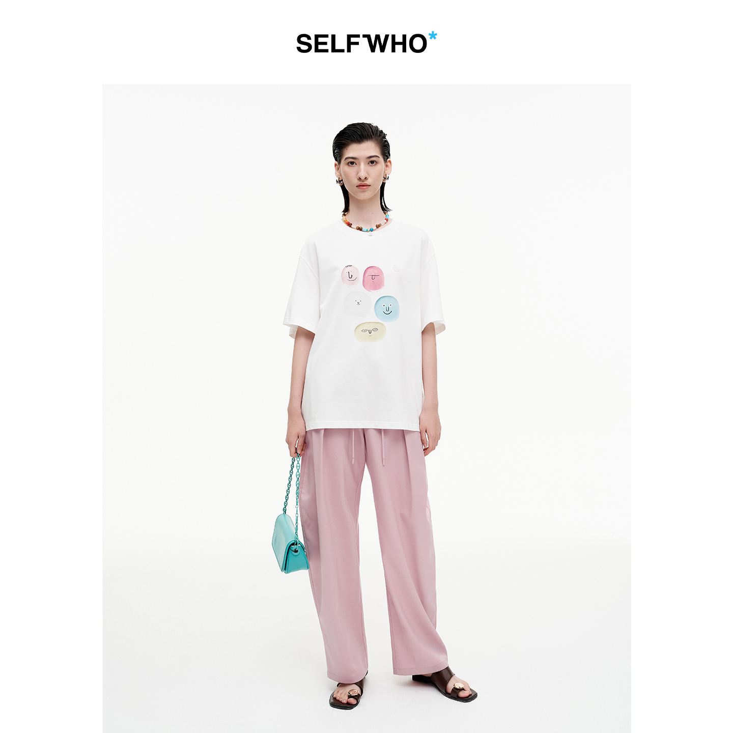 SELFWHO笑脸衣橱白色笑脸数码印花短袖T恤女2025秋季新款宽松上衣