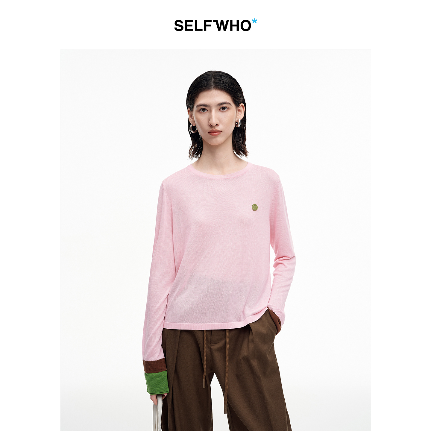 SELFWHO笑脸衣橱天丝羊毛混纺撞色长袖t恤女2025秋季新款圆领上衣