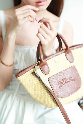 手工草编包，自然田园风。牛皮松弛感帆布菜园单肩手提包C072068