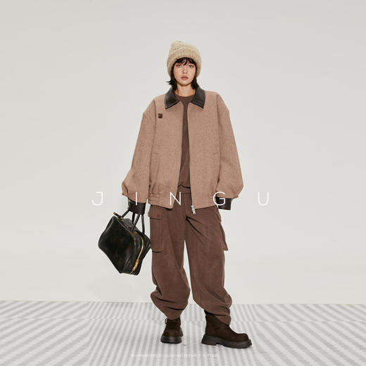 黑标夹棉拼皮领毛呢短外套秋冬休闲复古宽松棉衣JG12230128 商品图0