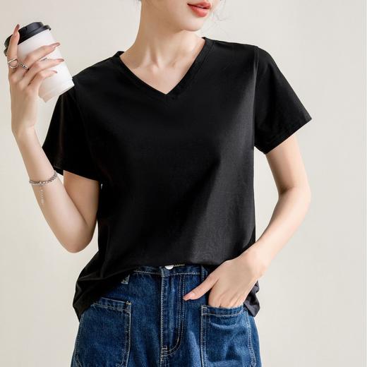 气质纯色正肩V领棉T恤女2025春夏新款宽松显瘦内搭套头短袖上衣 商品图3