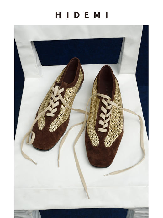 HIDEMI 进口巧克力色麂皮拼接编织复古德训绑带球鞋 商品图7