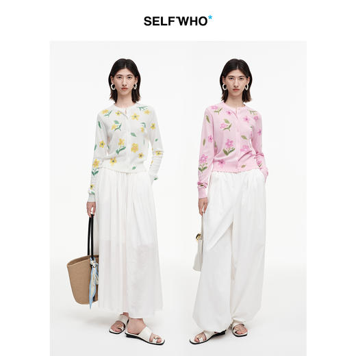 SELFWHO亚麻纱线混纺绿绒蒿印花针织衫女2025秋新款短款开衫上衣 商品图1