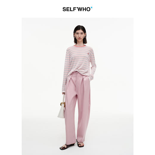 SELFWHO笑脸衣橱醋酸棉混纺撞色条纹长袖t恤女2025秋新款宽松上衣 商品图2