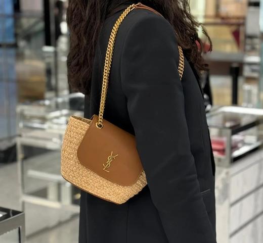 BT190-圣罗兰  拉菲草拼小牛皮 斜挎单肩包 女款 自然色拼砖红色（BT*MM）7.22直播款 商品图2