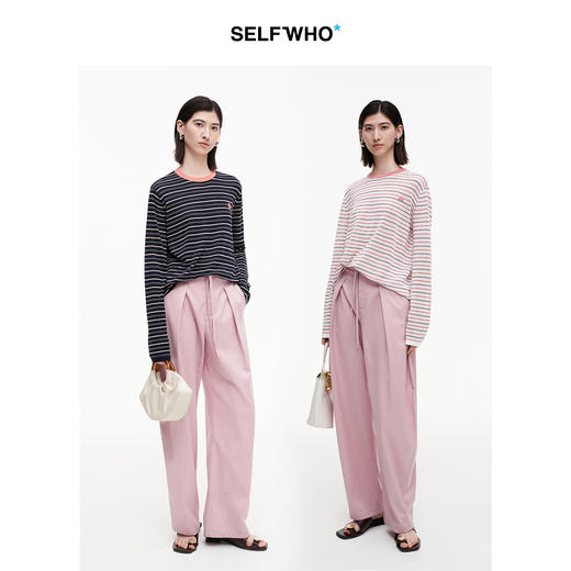 SELFWHO笑脸衣橱醋酸棉混纺撞色条纹长袖t恤女2025秋新款宽松上衣 商品图1