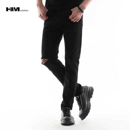 HIM漢崇 潮流个性割破牛仔裤男舒适修身小脚破洞休闲裤 2026春季 商品图0