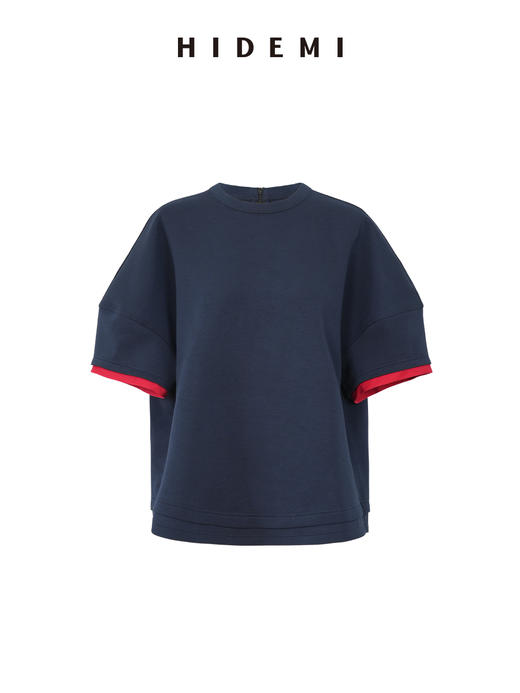 HIDEMI 极简进口棉空气层纱线廓形袖撞色拼接藏蓝色圆领短袖卫衣t恤上衣 商品图8