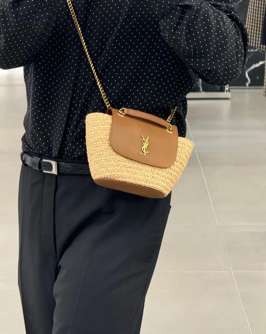 BT190-圣罗兰  拉菲草拼小牛皮 斜挎单肩包 女款 自然色拼砖红色（BT*MM）7.22直播款 商品图5