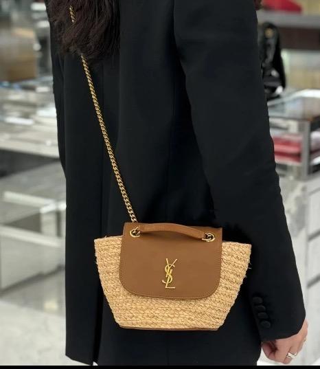 BT190-圣罗兰  拉菲草拼小牛皮 斜挎单肩包 女款 自然色拼砖红色（BT*MM）7.22直播款 商品图1