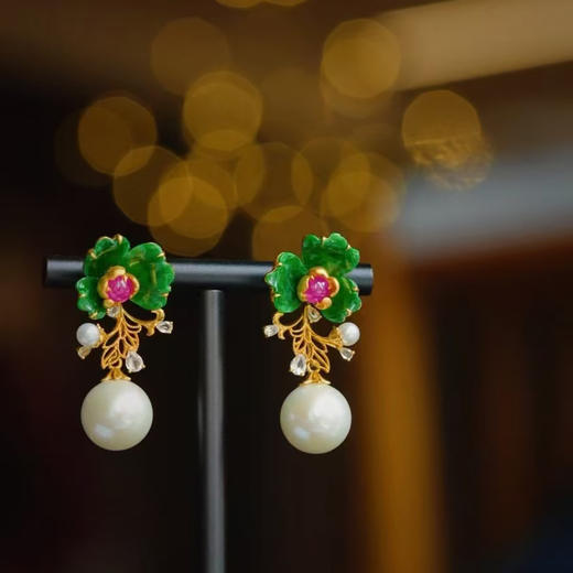 龢盒原创 18k金镶老翡翠花耳环（珍珠可拆二用） 商品图0