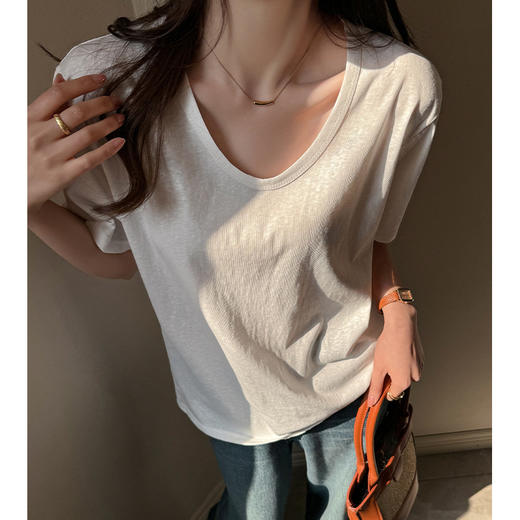 慵懒风高级感V领宽松正肩短袖t恤女式春夏季雪花棉韩系上衣打底衫 商品图2