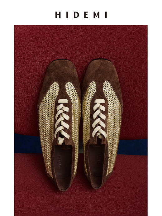 HIDEMI 进口巧克力色麂皮拼接编织复古德训绑带球鞋 商品图0