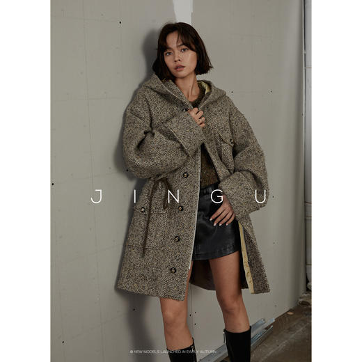 黑标毛呢抽绳戴帽中长款大衣女毛呢外套复古连帽JG11230298 商品图0