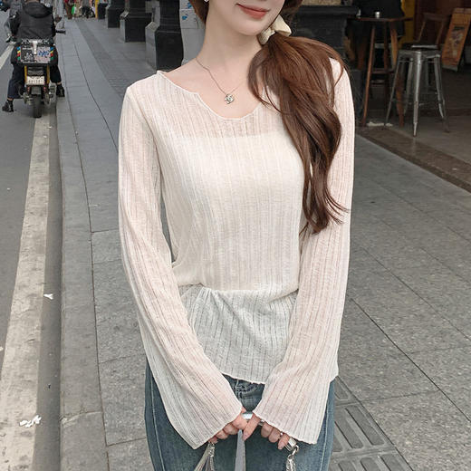 H181亚麻木耳边V领防晒罩衫女外套夏薄款纯欲宽松微透长袖T恤上衣 商品图3