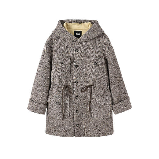 黑标毛呢抽绳戴帽中长款大衣女毛呢外套复古连帽JG11230298 商品图4