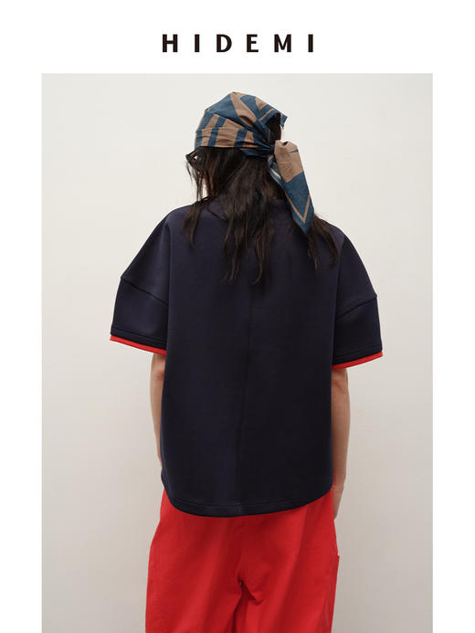 HIDEMI 极简进口棉空气层纱线廓形袖撞色拼接藏蓝色圆领短袖卫衣t恤上衣 商品图7