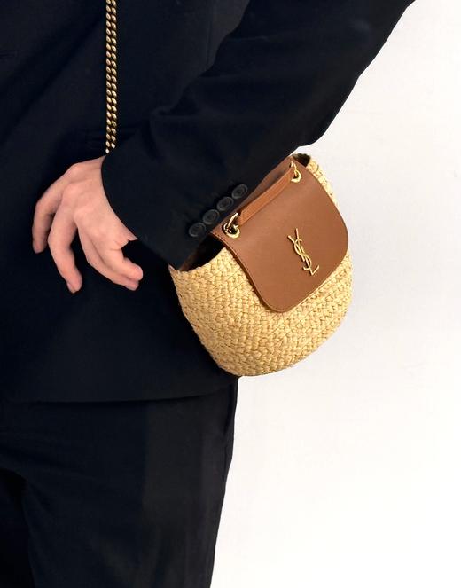 BT190-圣罗兰  拉菲草拼小牛皮 斜挎单肩包 女款 自然色拼砖红色（BT*MM）7.22直播款 商品图4