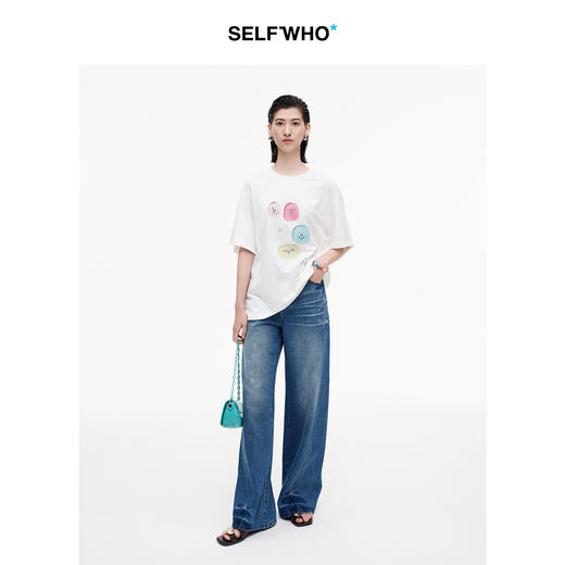 SELFWHO笑脸衣橱白色笑脸数码印花短袖T恤女2025秋季新款宽松上衣 商品图2