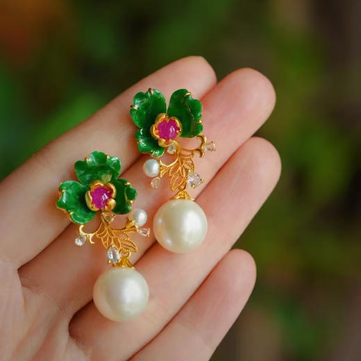 龢盒原创 18k金镶老翡翠花耳环（珍珠可拆二用） 商品图1