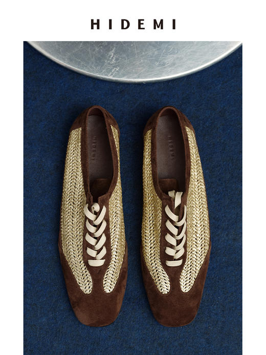 HIDEMI 进口巧克力色麂皮拼接编织复古德训绑带球鞋 商品图6