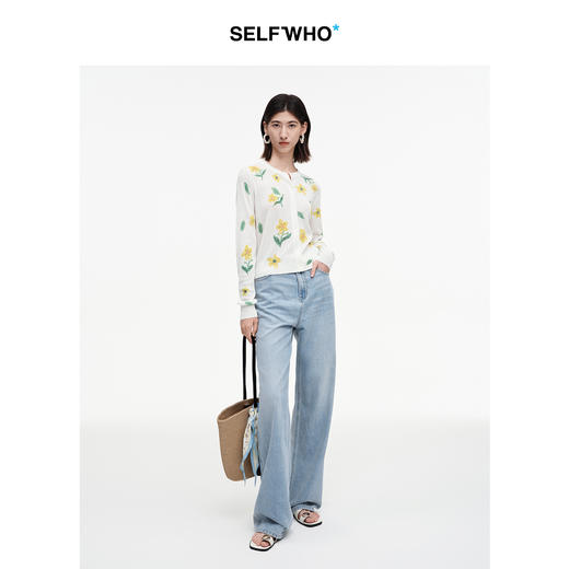 SELFWHO亚麻纱线混纺绿绒蒿印花针织衫女2025秋新款短款开衫上衣 商品图3