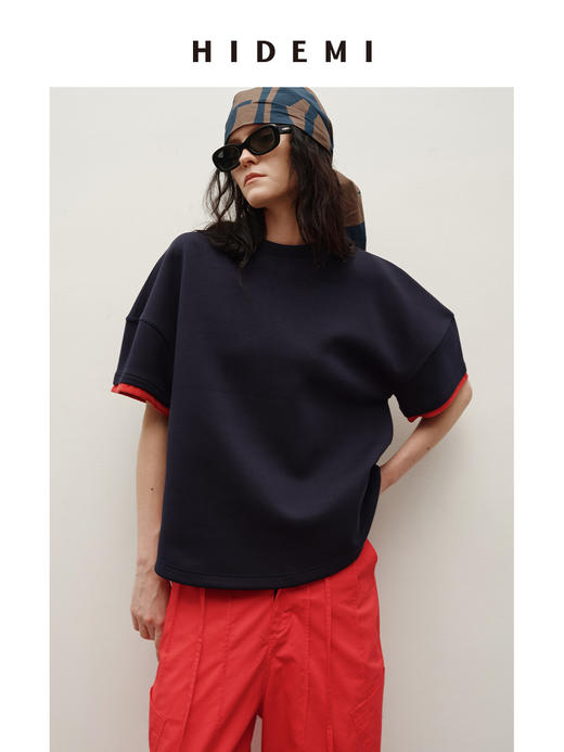 HIDEMI 极简进口棉空气层纱线廓形袖撞色拼接藏蓝色圆领短袖卫衣t恤上衣 商品图3