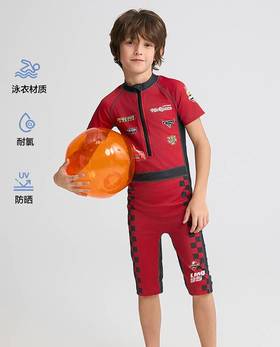 【春上新】8楼爱慕儿童Aimer Kids男孩2件装-赛车总动员急速闪电短袖五分裤连体泳衣AK267H262，吊牌价620元