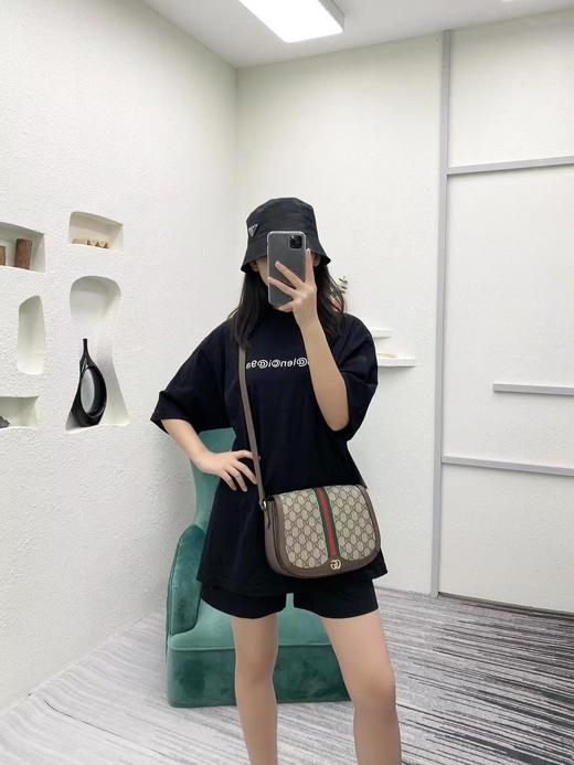 古驰 老花Logo条纹织带 帆布拼皮 马鞍包斜挎包（LZ） 商品图4