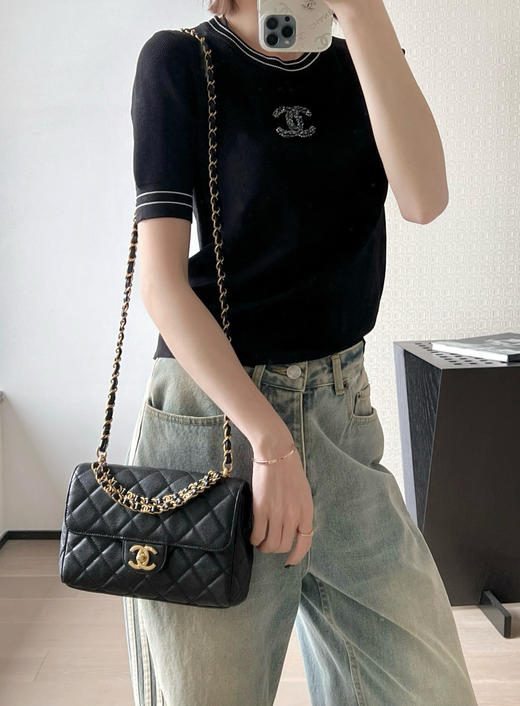香奈儿 25P春夏 双链口盖包中号黑色（LZ） 商品图5