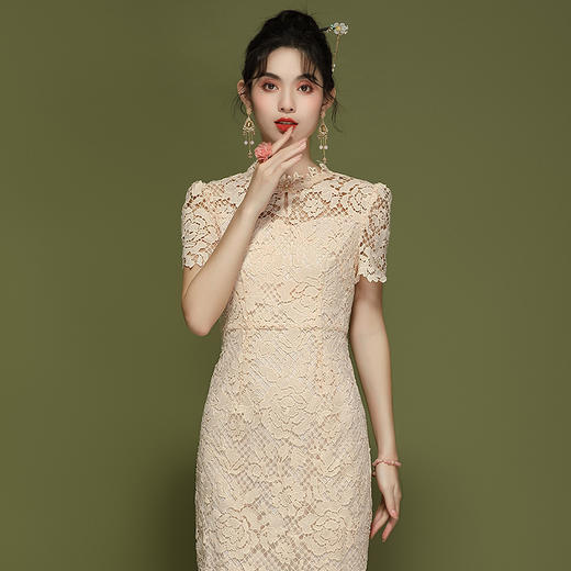 「自」全新升级【铂金会员358/天猫479/差价121】(90306)洛诗琳新中式国风水溶蕾丝连衣裙2025夏季气质改良旗袍裙 商品图2