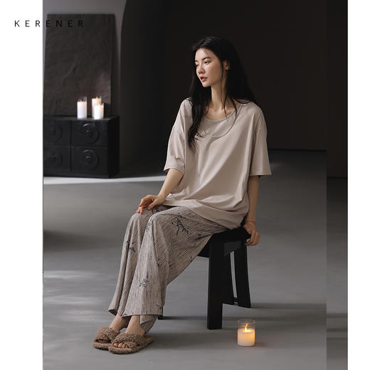 可人儿带胸垫睡衣夏季凉感莫代尔女士家居服短袖长裤套装可外穿 商品图1