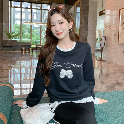 奢姿大码女装2025秋季时尚蕾丝拼接卫衣胖妹妹气质烫钻设计上衣9953190639 商品图0