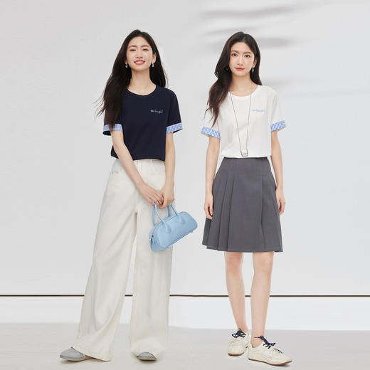 【周末秒杀】熙世界休闲运动风正肩T恤女夏季设计感格纹短袖体恤全棉圆领上衣 商品图3