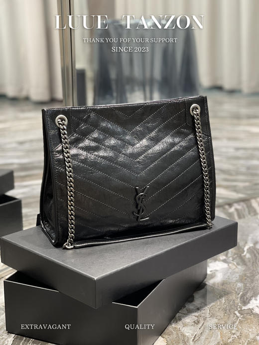 圣罗兰-Niki黑标 Logo复古褶皱皮革大容量托特包购物袋链条单肩手提包中号女款黑色百搭通勤推荐（LZ） 商品图1