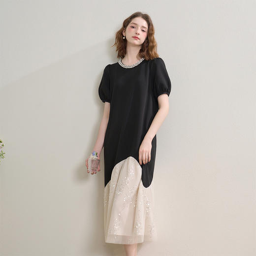 【限时秒杀】西遇气质优雅法式钉珠领口连衣裙女夏季亮片撞色拼接长裙V2451119 商品图2
