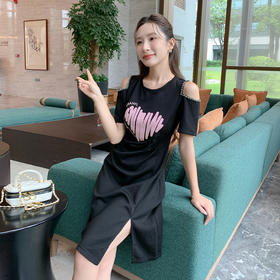 奢姿大码女装2025夏季减龄印花露肩时尚连衣裙胖妹妹开衩设计裙子9952802970A