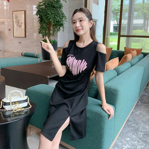 奢姿大码女装2025夏季减龄印花露肩时尚连衣裙胖妹妹开衩设计裙子9952802970A 商品图0