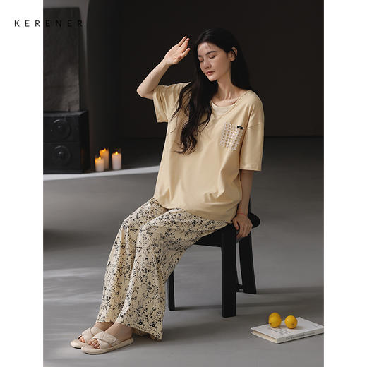 可人儿带胸垫睡衣夏季凉感莫代尔女士家居服短袖长裤套装可外穿 商品图1