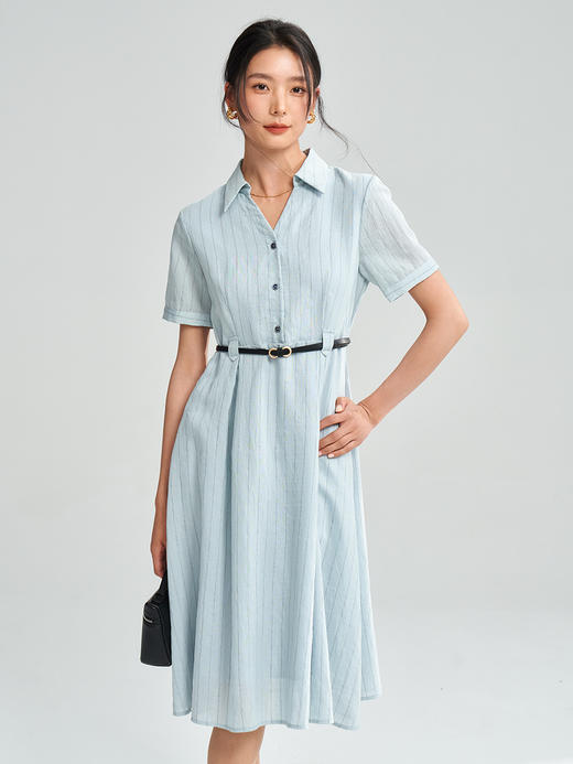 品牌同步亚麻棉OL知性条纹收腰显瘦通勤衬衫连衣裙 商品图1